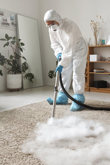 A professional cleaning technician dressed in a white protective suit, face mask, and blue gloves performs deep cleaning on a beige carpet in a modern living room. The technician is using a steam cleaning wand attached to a vacuum system, emitting steam and moisture onto the textured, plush carpet to ensure thorough sanitisation. The room features natural light, a tall mirror leaning against the wall, a potted plant with large green leaves, and a wooden shelving unit with decorative items and books. The overall setting appears clean and well-maintained, with the focus on surface cleaning and hygiene, aligning with services offered by Carpet Cleaning Kingston near Kingston station.